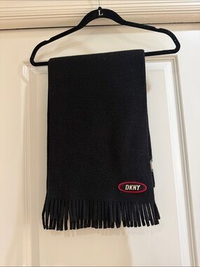DKNY Black Fringe Scarf with Red Logo Patch